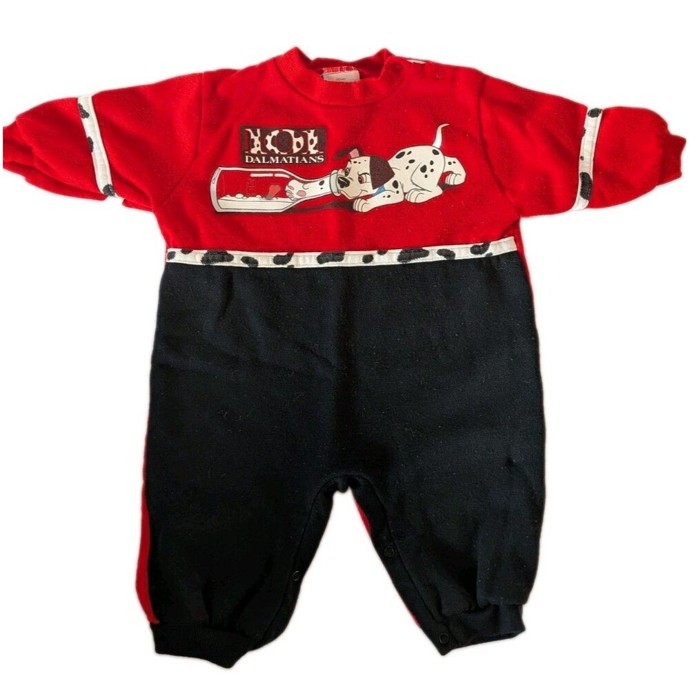 Vintage Disney 101 Dalmatians Baby Romper Red Colorblock Fleece 9-12 Months 90s